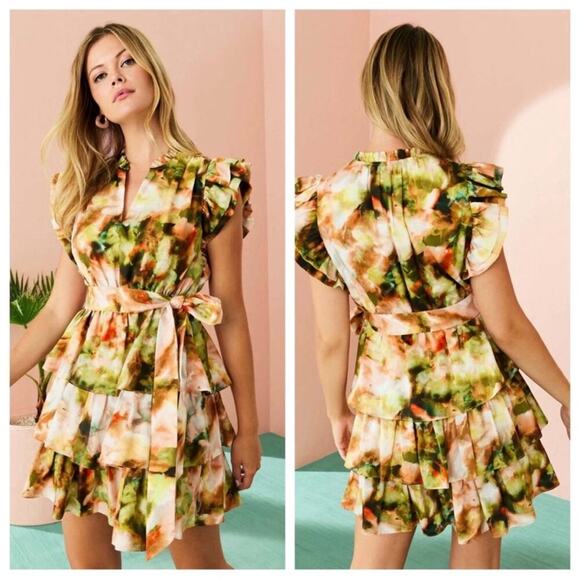 marie oliver - emery dress mini ruffles tie belt tiered skirt floral printed - Picture 1 of 7